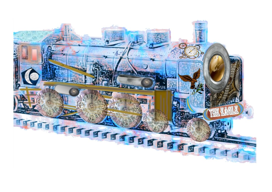 A fantastical blue and bronze engine, emblazoned with a lable 'The Eagle' matching an eagle on the engine's side, carrying olive branch. The wheels are clocks. A globe at the front of the engine glows.